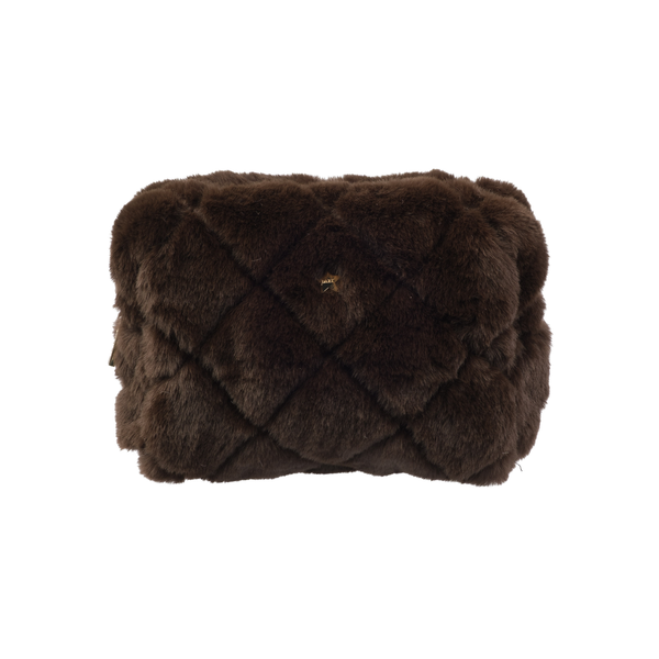 FAUX FUR QUILTED MAKE-UP POUCH SMALL CHOCOLATE BROWN