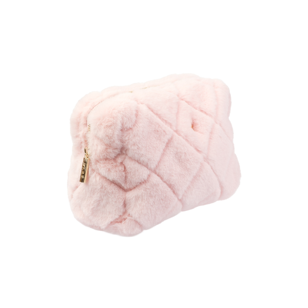 FAUX FUR QUILTED MAKE-UP POUCH SMALL PALE ROSE