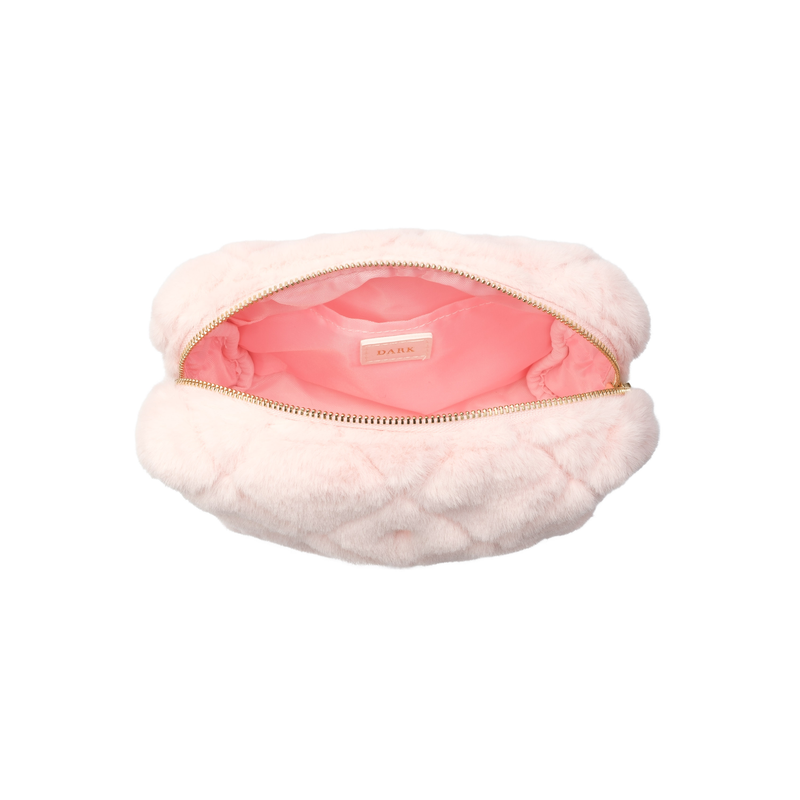 FAUX FUR QUILTED MAKE-UP POUCH SMALL PALE ROSE