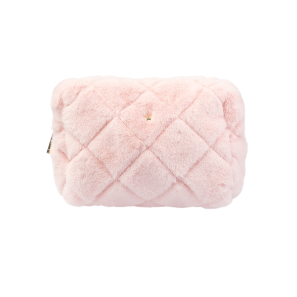 FAUX FUR QUILTED MAKE-UP POUCH SMALL PALE ROSE