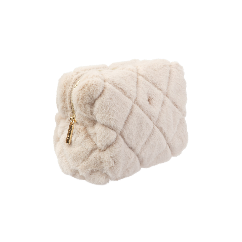FAUX FUR QUILTED MAKE-UP POUCH SMALL SAND