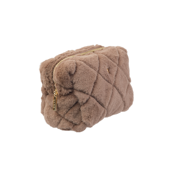 FAUX FUR QUILTED MAKE-UP POUCH SMALL WARM TAUPE