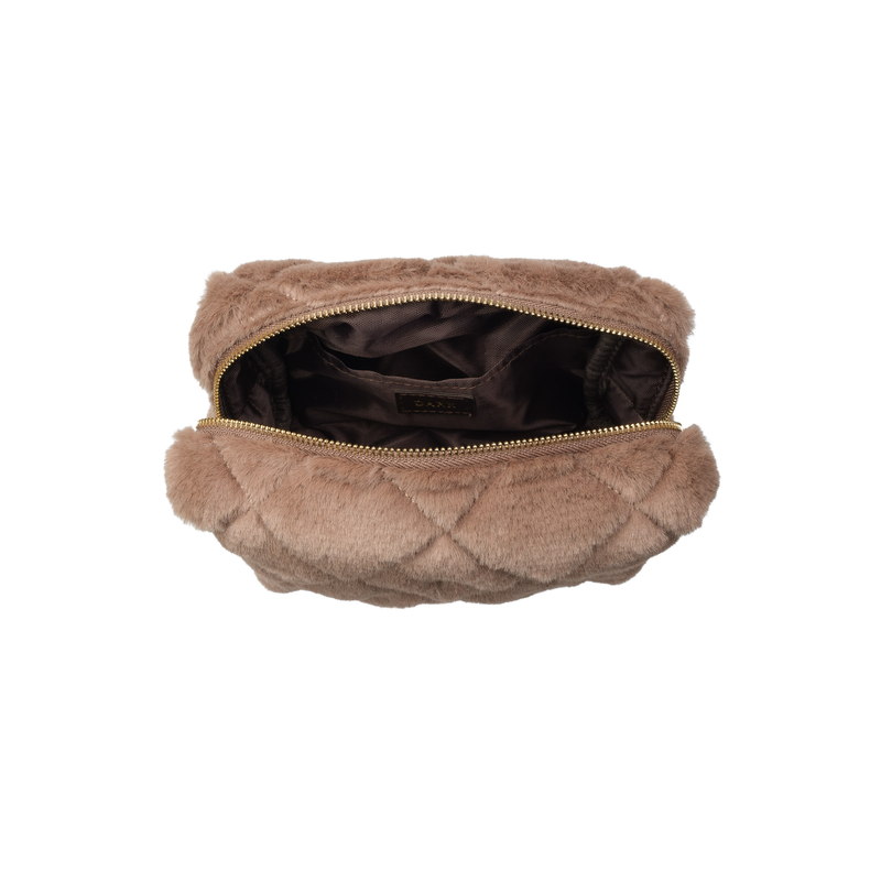 FAUX FUR QUILTED MAKE-UP POUCH SMALL WARM TAUPE