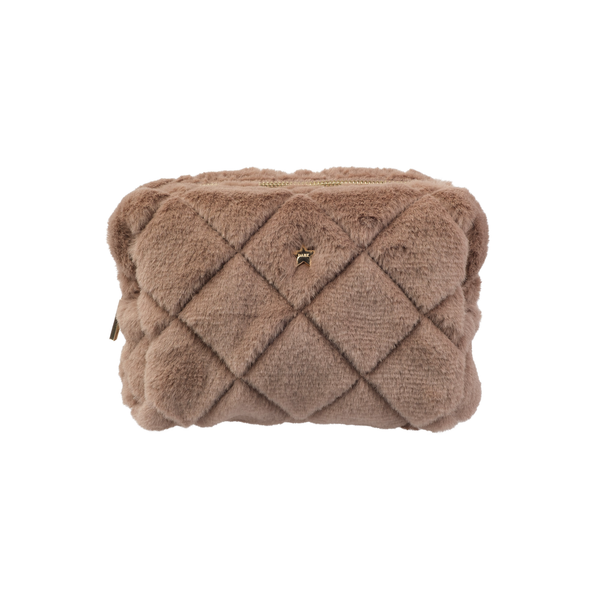FAUX FUR QUILTED MAKE-UP POUCH SMALL WARM TAUPE