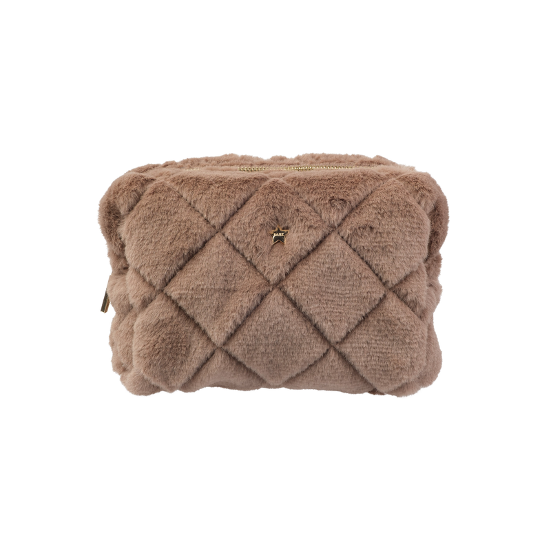FAUX FUR QUILTED MAKE-UP POUCH SMALL WARM TAUPE