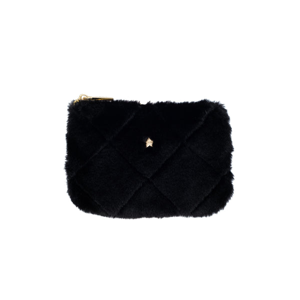 FAUX FUR QUILTED MINI POUCH BLACK