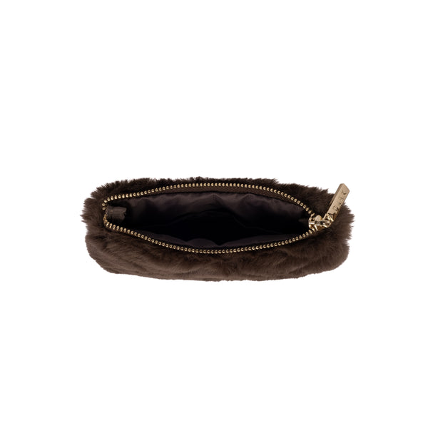 FAUX FUR QUILTED MINI POUCH CHOCOLATE BROWN