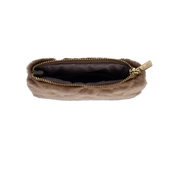 FAUX FUR QUILTED MINI POUCH WARM TAUPE