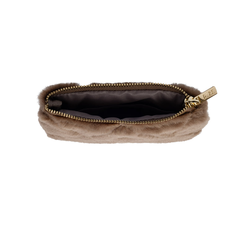 FAUX FUR QUILTED MINI POUCH WARM TAUPE