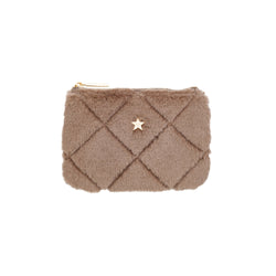FAUX FUR QUILTED MINI POUCH WARM TAUPE