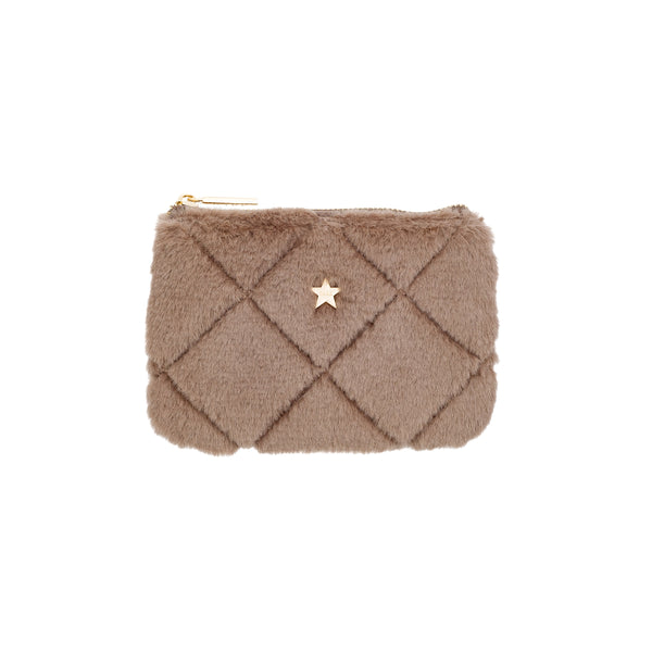 FAUX FUR QUILTED MINI POUCH WARM TAUPE