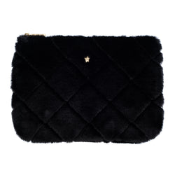 FAUX FUR QUILTED SMALL POUCH BLACK