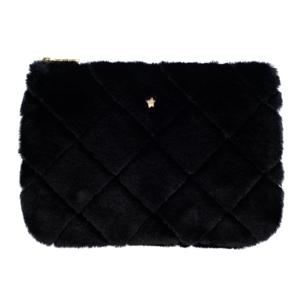 FAUX FUR QUILTED SMALL POUCH BLACK