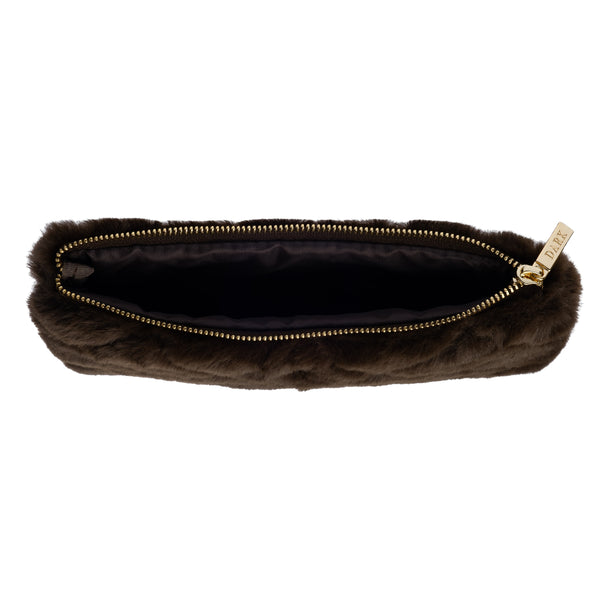 FAUX FUR QUILTED SMALL POUCH CHOCOLATE BROWN