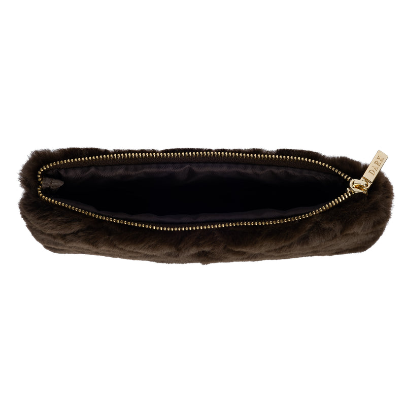 FAUX FUR QUILTED SMALL POUCH CHOCOLATE BROWN