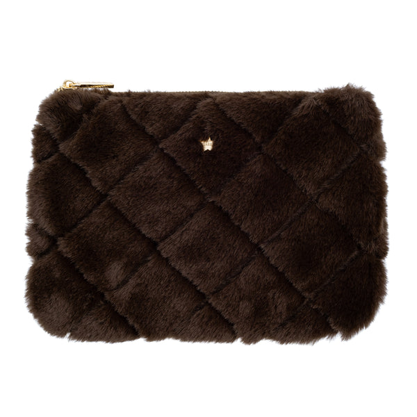 FAUX FUR QUILTED SMALL POUCH CHOCOLATE BROWN