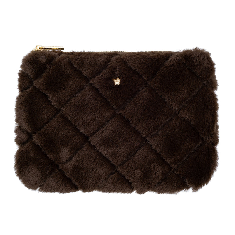 FAUX FUR QUILTED SMALL POUCH CHOCOLATE BROWN