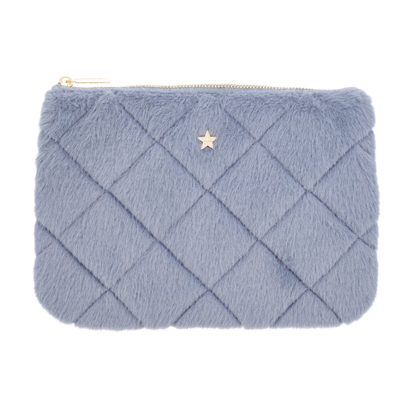 FAUX FUR QUILTED SMALL POUCH COOL BLUE