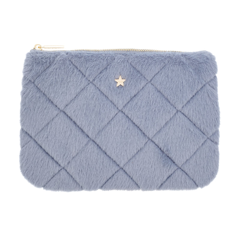 FAUX FUR QUILTED SMALL POUCH COOL BLUE