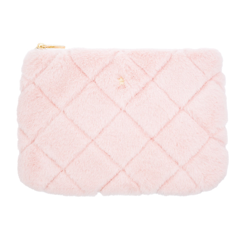 FAUX FUR QUILTED SMALL POUCH PALE ROSE
