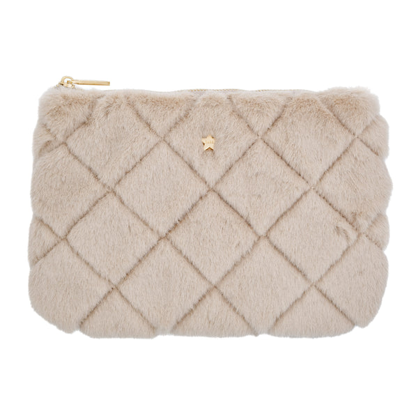 FAUX FUR QUILTED SMALL POUCH SAND