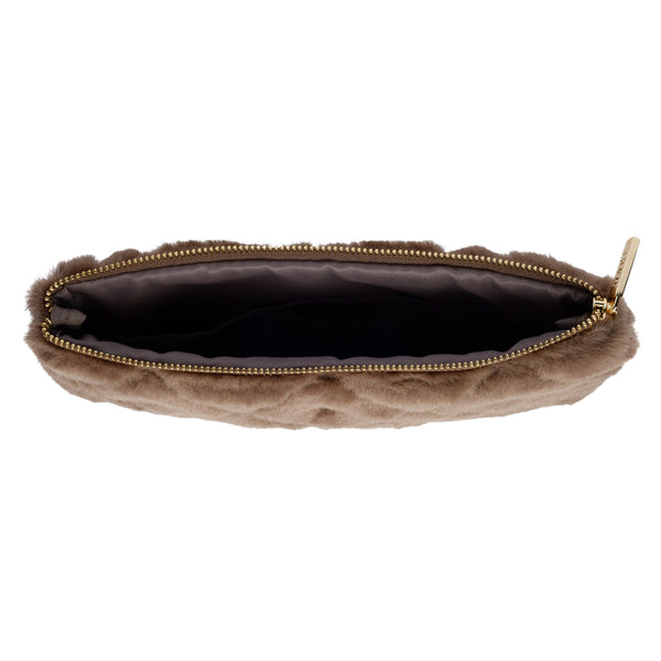 FAUX FUR QUILTED SMALL POUCH WARM TAUPE