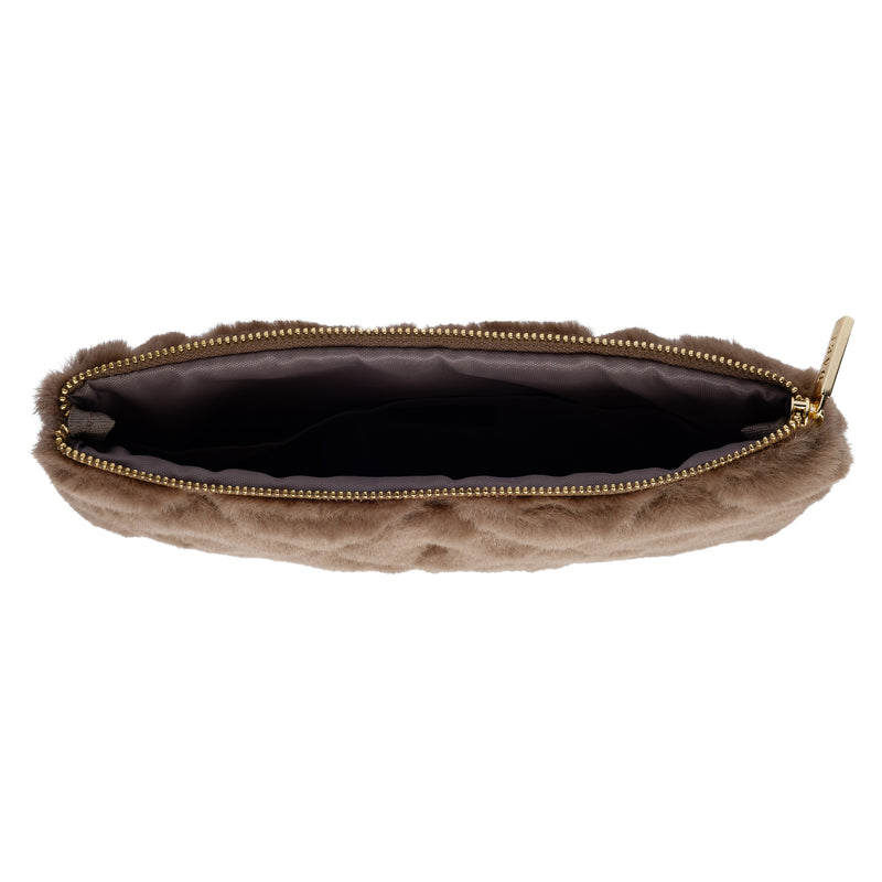 FAUX FUR QUILTED SMALL POUCH WARM TAUPE
