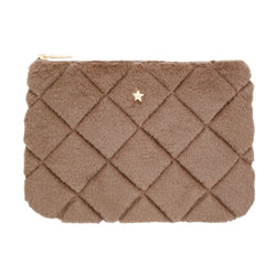 FAUX FUR QUILTED SMALL POUCH WARM TAUPE