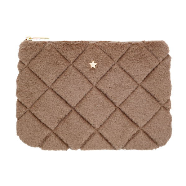 FAUX FUR QUILTED SMALL POUCH WARM TAUPE