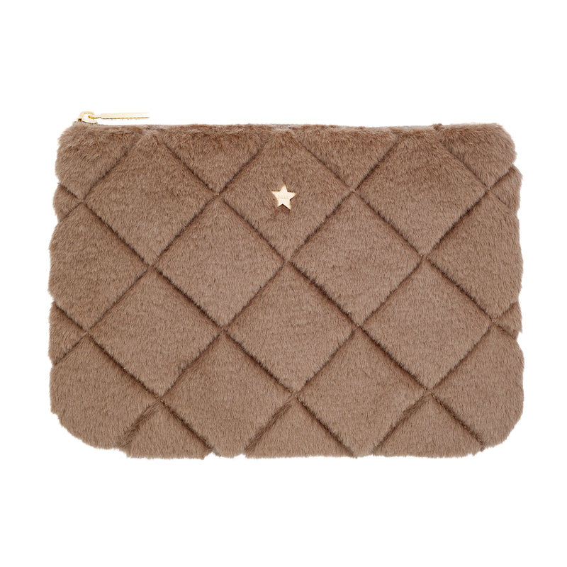 FAUX FUR QUILTED SMALL POUCH WARM TAUPE