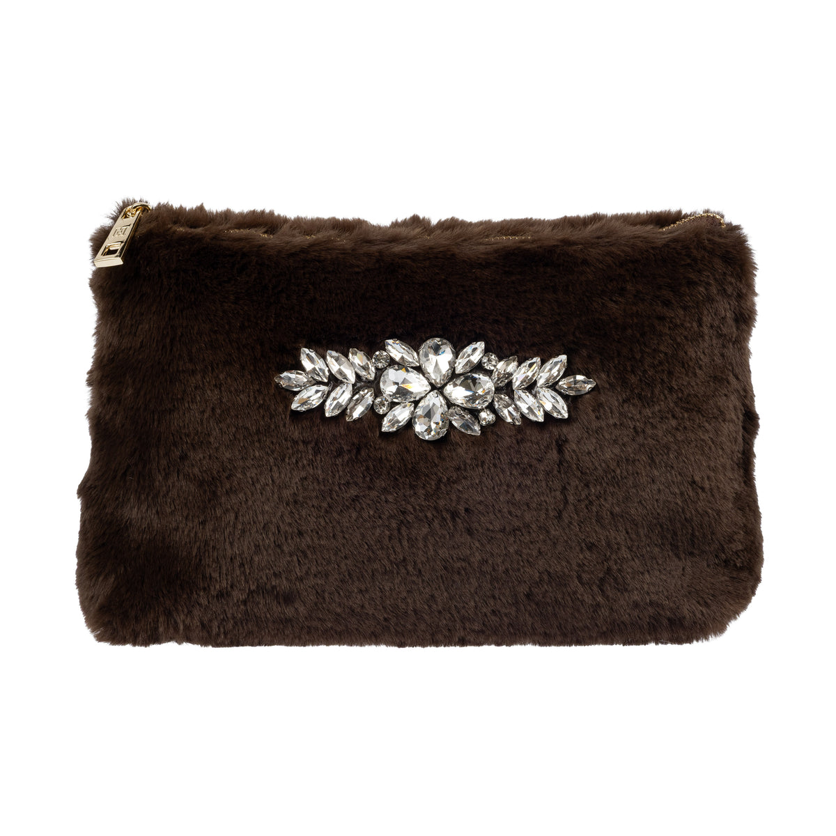FAUX FUR STANDING POUCH W/CRYSTALS CHOCOLATE BROWN