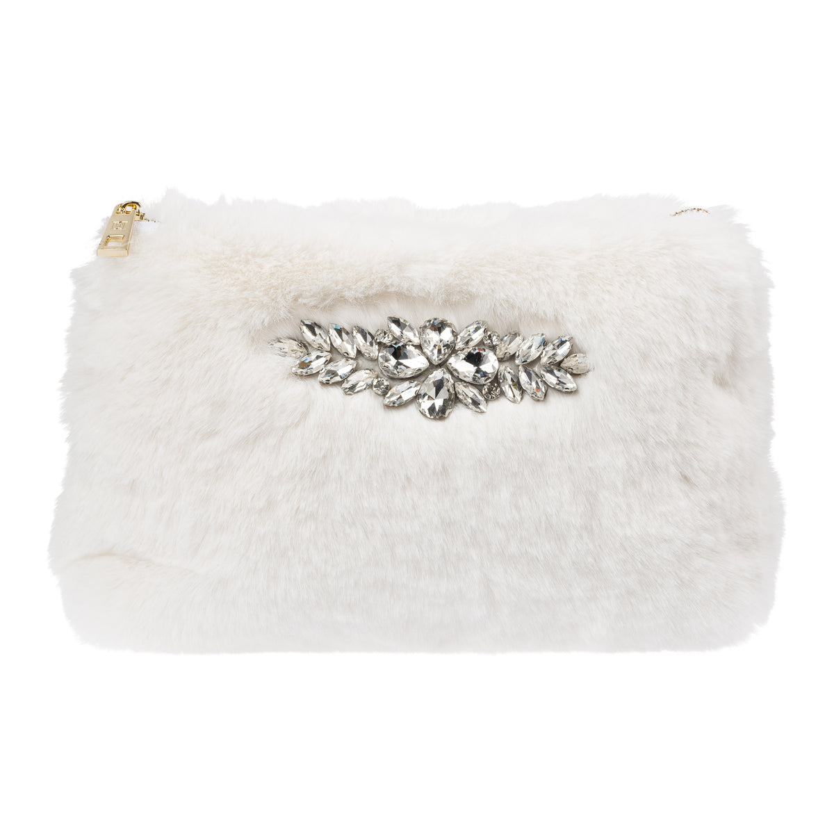 FAUX FUR STANDING POUCH W/CRYSTALS OFF WHITE