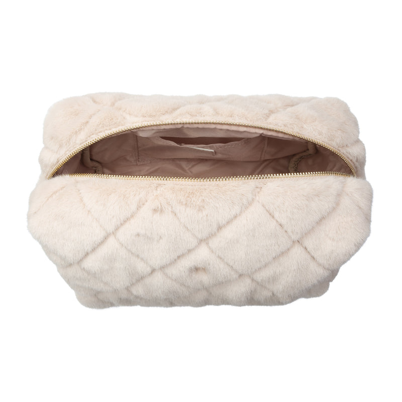 FAUX FUR QUILTED MAKE-UP POUCH LARGE SAND
