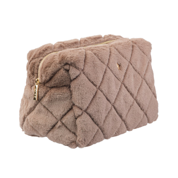 FAUX FUR QUILTED MAKE-UP POUCH LARGE WARM TAUPE