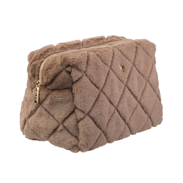 FAUX FUR QUILTED MAKE-UP POUCH LARGE WARM TAUPE