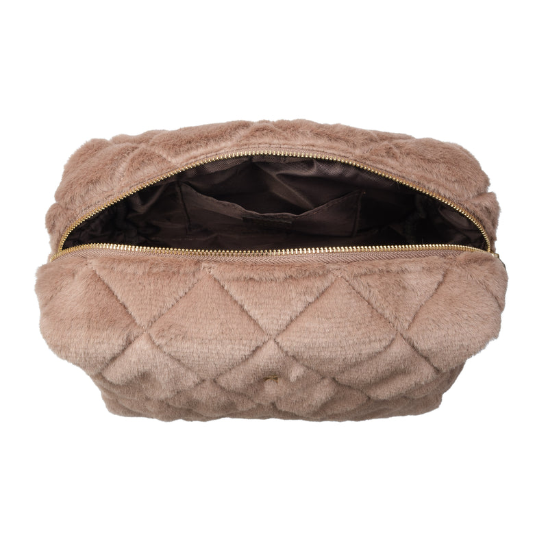 FAUX FUR QUILTED MAKE-UP POUCH LARGE WARM TAUPE