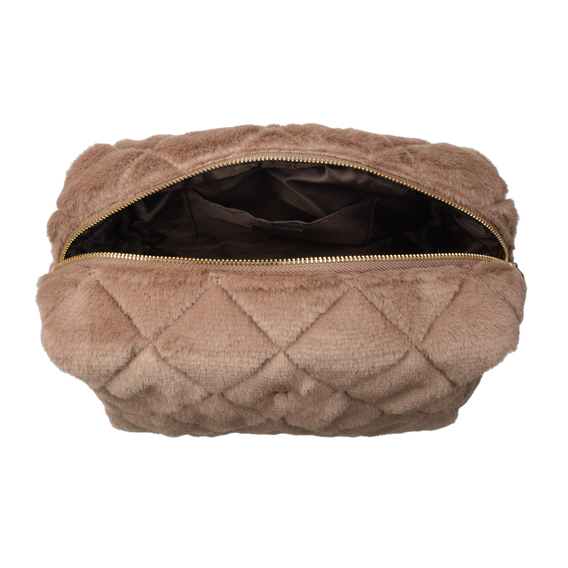 FAUX FUR QUILTED MAKE-UP POUCH LARGE WARM TAUPE