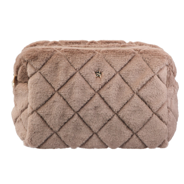 FAUX FUR QUILTED MAKE-UP POUCH LARGE WARM TAUPE