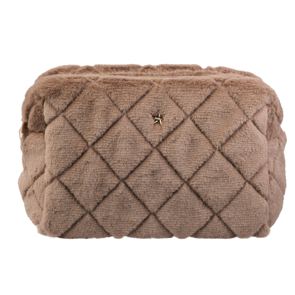 FAUX FUR QUILTED MAKE-UP POUCH LARGE WARM TAUPE