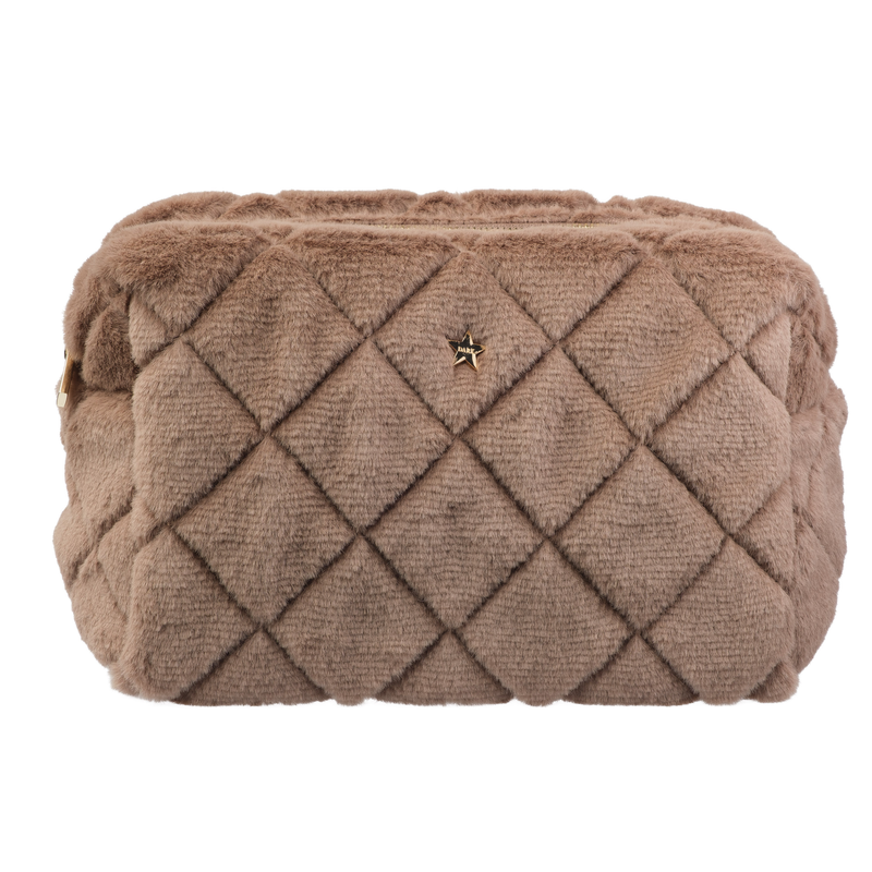 FAUX FUR QUILTED MAKE-UP POUCH LARGE WARM TAUPE