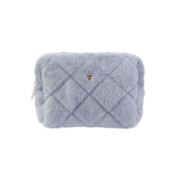 FAUX FUR QUILTED MAKE-UP POUCH SMALL COOL BLUE