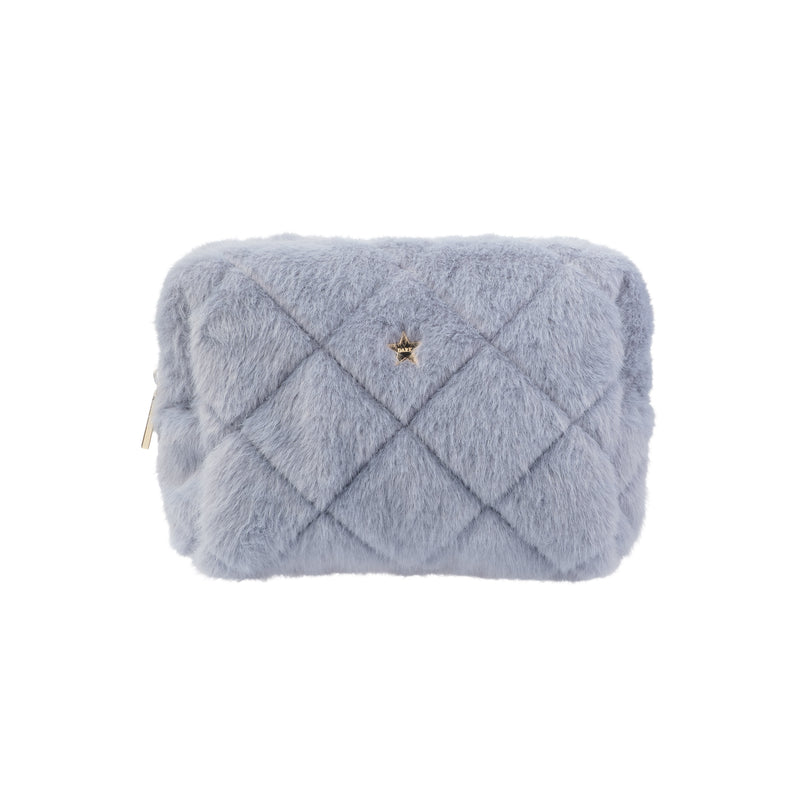 FAUX FUR QUILTED MAKE-UP POUCH SMALL COOL BLUE