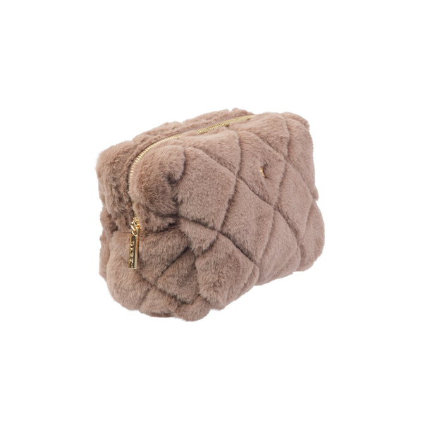 FAUX FUR QUILTED MAKE-UP POUCH SMALL WARM TAUPE