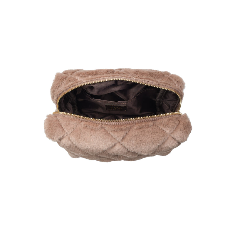 FAUX FUR QUILTED MAKE-UP POUCH SMALL WARM TAUPE