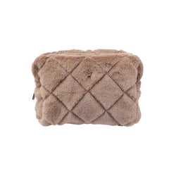FAUX FUR QUILTED MAKE-UP POUCH SMALL WARM TAUPE