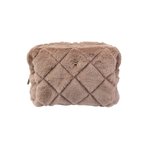 FAUX FUR QUILTED MAKE-UP POUCH SMALL WARM TAUPE