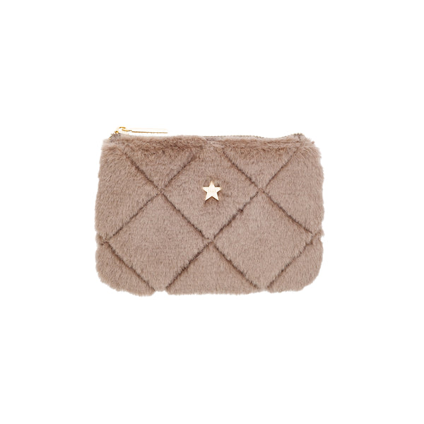 FAUX FUR QUILTED MINI POUCH WARM TAUPE