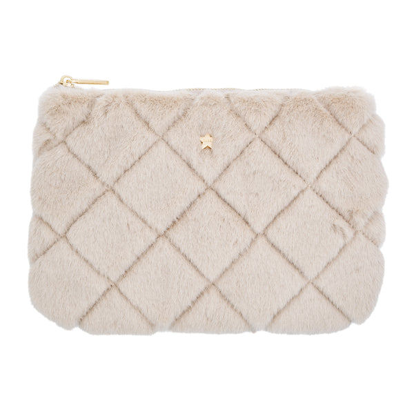 FAUX FUR QUILTED SMALL POUCH SAND