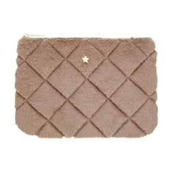 FAUX FUR QUILTED SMALL POUCH WARM TAUPE