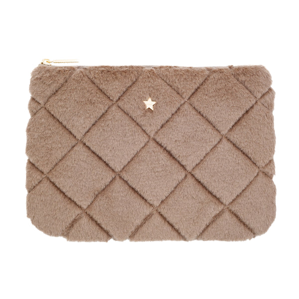 FAUX FUR QUILTED SMALL POUCH WARM TAUPE